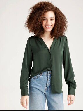 Quince Washable Stretch Silk Notch Collar Blouse, Forest Green, Size L